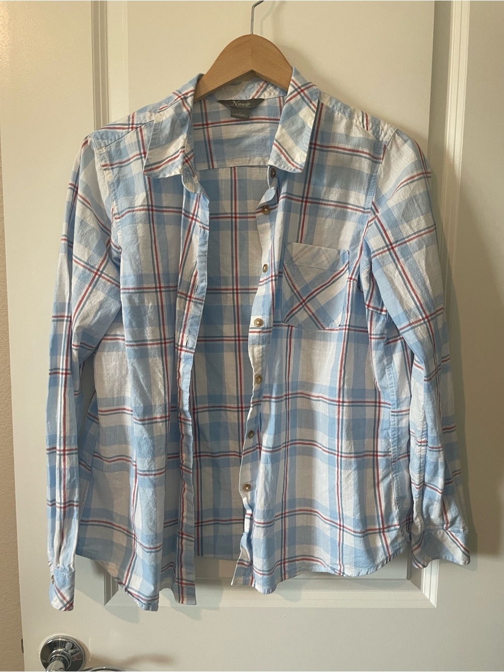 Light Blue Plaid Button-Up Shirt - Women